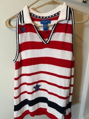 Karen Scott Red, White & Navy Striped Star Sleeveless Polo Sweater